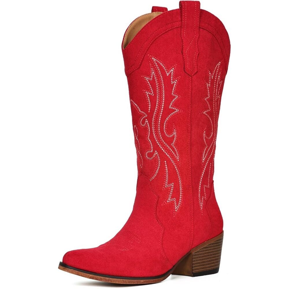 Women's Red Suede Western Cowgirl Chunky Heel Mid Calf Snip Toe Insteps Boots - Picture 4 of 6